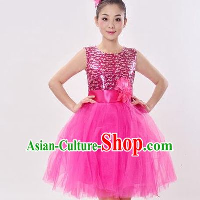 Top Grade Professional Performance Catwalks Costume, China Chorus Compere Modern Dance Dress Paillette Rose Veil Bubble Dress for Women