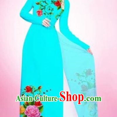 Traditional Top Grade Asian Vietnamese Costumes Classical Painting Flowers Blacklight Blue Cheongsam, Vietnam National Vietnamese Young Lady Bride Wedding Round Collar Ao Dai Dress