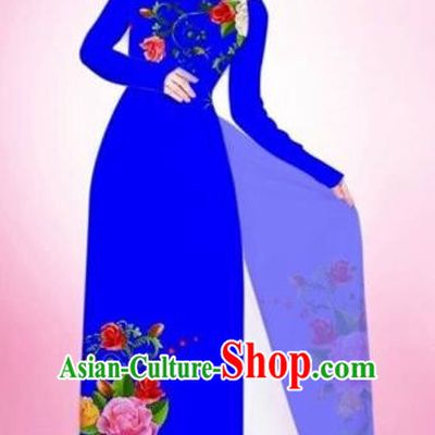 Traditional Top Grade Asian Vietnamese Costumes Classical Painting Flowers Royalblue Cheongsam, Vietnam National Vietnamese Young Lady Bride Wedding Round Collar Ao Dai Dress