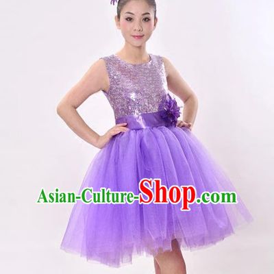 Top Grade Professional Performance Catwalks Costume, China Chorus Compere Modern Dance Dress Paillette Purple Veil Bubble Dress for Women