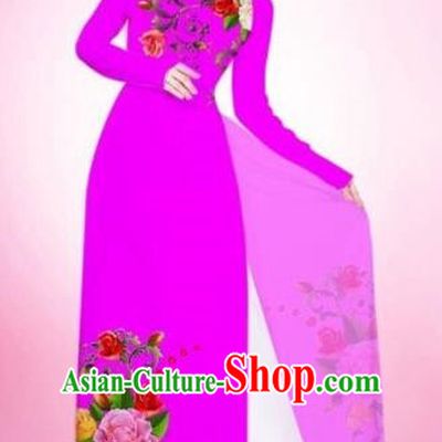Traditional Top Grade Asian Vietnamese Costumes Classical Painting Flowers Rosy Cheongsam, Vietnam National Vietnamese Young Lady Bride Wedding Round Collar Ao Dai Dress