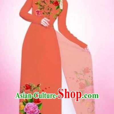Traditional Top Grade Asian Vietnamese Costumes Classical Painting Flowers Orange Cheongsam, Vietnam National Vietnamese Young Lady Bride Wedding Round Collar Ao Dai Dress