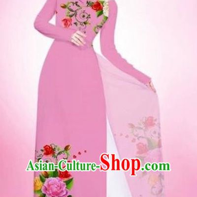 Traditional Top Grade Asian Vietnamese Costumes Classical Painting Flowers Light Pink Cheongsam, Vietnam National Vietnamese Young Lady Bride Wedding Round Collar Ao Dai Dress