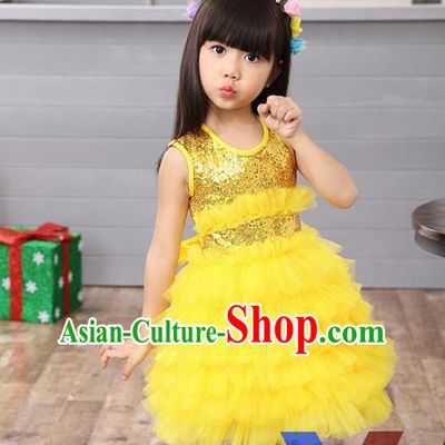 Top Grade Professional Performance Catwalks Costume, Children Chorus Full Dress Modern Dance Little Princess Yellow Paillette Bubble Dress for Girls Kids