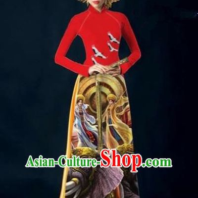 Traditional Top Grade Asian Vietnamese Costumes Classical Painting Cheongsam, Vietnam National Vietnamese Young Lady Bride Wedding Stand Collar Red Ao Dai Dress