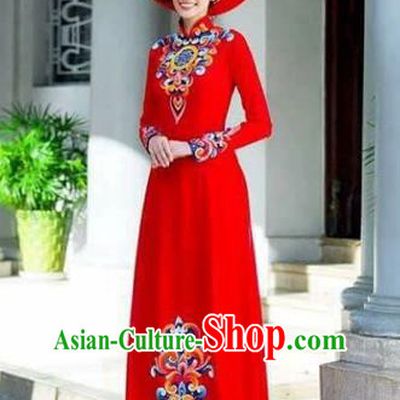 Traditional Top Grade Asian Vietnamese Costumes Classical Painting Wedding Cheongsam, Vietnam National Vietnamese Young Lady Bride Stand Collar Red Ao Dai Dress