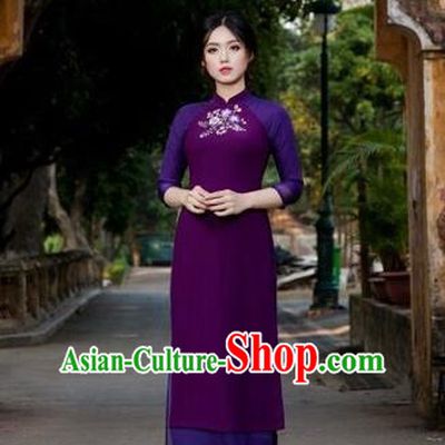 Traditional Top Grade Asian Vietnamese Costumes Classical Painting Wedding Cheongsam, Vietnam National Vietnamese Young Lady Bride Stand Collar Purple Ao Dai Dress