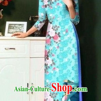 Traditional Top Grade Asian Vietnamese Costumes Classical Painting Wedding Cheongsam, Vietnam National Vietnamese Young Lady Bride Stand Collar Blue Ao Dai Dress