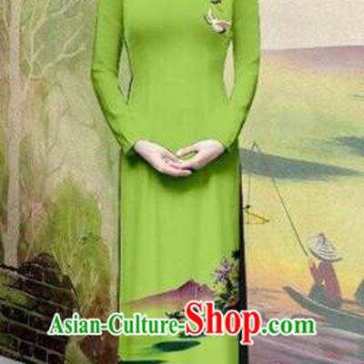 Traditional Top Grade Asian Vietnamese Costumes Classical Painting Wedding Cheongsam, Vietnam National Vietnamese Young Lady Bride Stand Collar Green Ao Dai Dress