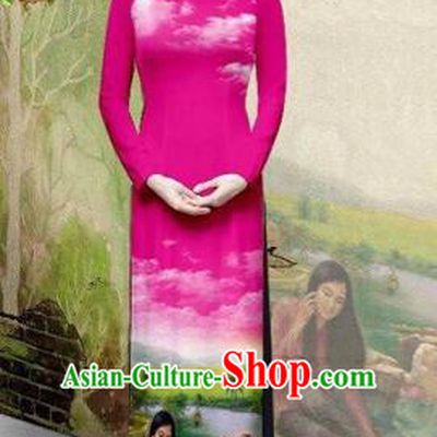 Traditional Top Grade Asian Vietnamese Costumes Classical Painting Wedding Cheongsam, Vietnam National Vietnamese Young Lady Bride Stand Collar Pink Ao Dai Dress