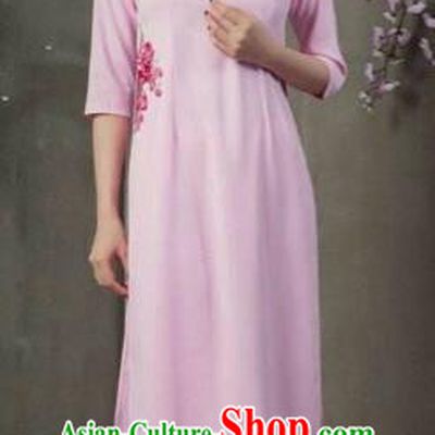 Traditional Top Grade Asian Vietnamese Costumes Classical Patch Embroidery Cheongsam, Vietnam National Vietnamese Young Lady Bride Stand Collar Pink Ao Dai Dress
