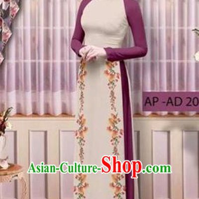 Traditional Top Grade Asian Vietnamese Costumes Classical Printing Cheongsam, Vietnam National Vietnamese Young Lady Amaranth Ao Dai Dress