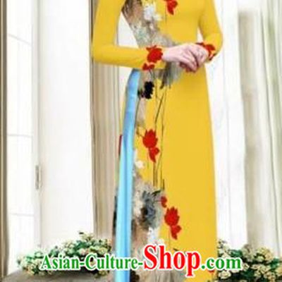 Traditional Top Grade Asian Vietnamese Costumes Classical Printing Cheongsam, Vietnam National Vietnamese Young Lady Ginger Chiffon Ao Dai Dress