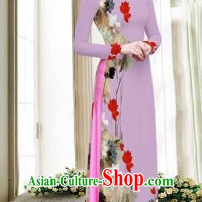 Traditional Top Grade Asian Vietnamese Costumes Classical Printing Cheongsam, Vietnam National Vietnamese Young Lady Violet Chiffon Ao Dai Dress