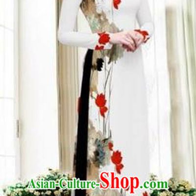 Traditional Top Grade Asian Vietnamese Costumes Classical Printing Cheongsam, Vietnam National Vietnamese Young Lady White Chiffon Ao Dai Dress