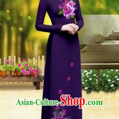 Traditional Top Grade Asian Vietnamese Costumes Classical Printing Cheongsam, Vietnam National Vietnamese Young Lady Purple Chiffon Ao Dai Dress