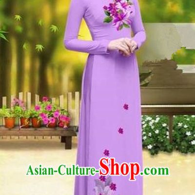 Traditional Top Grade Asian Vietnamese Costumes Classical Printing Greenish Lily Flower Cheongsam, Vietnam National Vietnamese Young Lady Light Purple Chiffon Ao Dai Dress