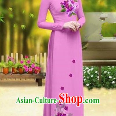 Traditional Top Grade Asian Vietnamese Costumes Classical Printing Greenish Lily Flower Cheongsam, Vietnam National Vietnamese Young Lady Pink Chiffon Ao Dai Dress