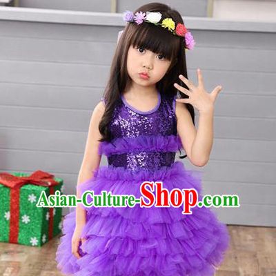 Top Grade Professional Performance Catwalks Costume, Children Chorus Full Dress Modern Dance Little Princess Purple Paillette Bubble Dress for Girls Kids