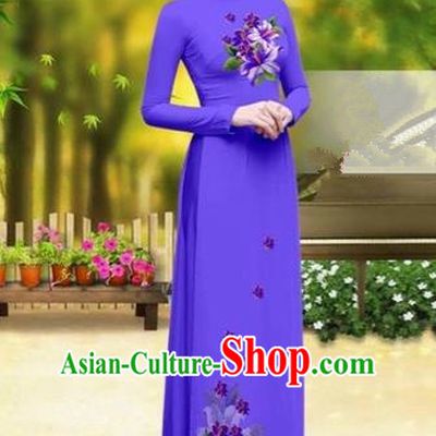 Traditional Top Grade Asian Vietnamese Costumes Classical Printing Greenish Lily Flower Cheongsam, Vietnam National Vietnamese Young Lady Pinkish Purple Chiffon Ao Dai Dress