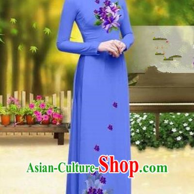 Traditional Top Grade Asian Vietnamese Costumes Classical Printing Greenish Lily Flower Cheongsam, Vietnam National Vietnamese Young Lady Blue Chiffon Ao Dai Dress