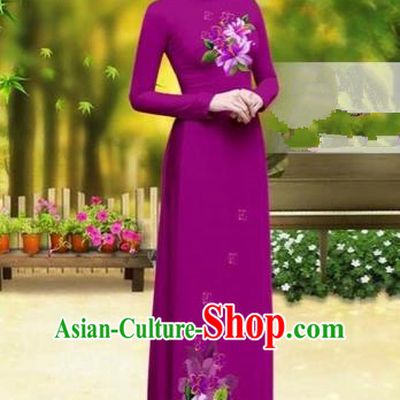 Traditional Top Grade Asian Vietnamese Costumes Classical Printing Greenish Lily Flower Cheongsam, Vietnam National Vietnamese Young Lady Amaranth Chiffon Ao Dai Dress