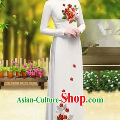 Traditional Top Grade Asian Vietnamese Costumes Classical Printing Greenish Lily Flower Cheongsam, Vietnam National Vietnamese Young Lady White Chiffon Ao Dai Dress