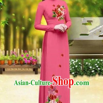 Traditional Top Grade Asian Vietnamese Costumes Classical Printing Greenish Lily Flower Cheongsam, Vietnam National Vietnamese Young Lady Watermelon Red Chiffon Ao Dai Dress