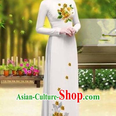 Traditional Top Grade Asian Vietnamese Costumes Classical Printing Greenish Lily Flower Cheongsam, Vietnam National Vietnamese Young Lady White Chiffon Ao Dai Dress