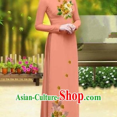 Traditional Top Grade Asian Vietnamese Costumes Classical Printing Greenish Lily Flower Cheongsam, Vietnam National Vietnamese Young Lady Orange Chiffon Ao Dai Dress