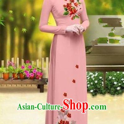 Traditional Top Grade Asian Vietnamese Costumes Classical Printing Greenish Lily Flower Cheongsam, Vietnam National Vietnamese Young Lady Pink Chiffon Ao Dai Dress