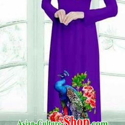 Traditional Top Grade Asian Vietnamese Costumes Classical Printing Peacock Cheongsam, Vietnam National Vietnamese Young Lady Purple Ao Dai Dress
