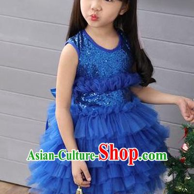 Top Grade Professional Performance Catwalks Costume, Children Chorus Full Dress Modern Dance Little Princess Blue Paillette Bubble Dress for Girls Kids