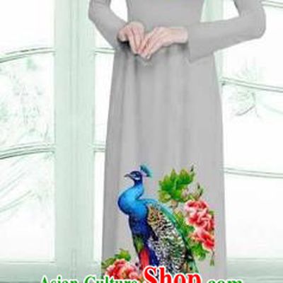 Traditional Top Grade Asian Vietnamese Costumes Classical Printing Peacock Cheongsam, Vietnam National Vietnamese Young Lady Grey Ao Dai Dress