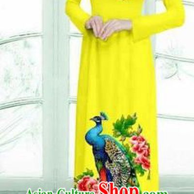 Traditional Top Grade Asian Vietnamese Costumes Classical Printing Peacock Cheongsam, Vietnam National Vietnamese Young Lady Yellow Ao Dai Dress