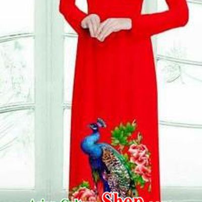 Traditional Top Grade Asian Vietnamese Costumes Classical Printing Peacock Cheongsam, Vietnam National Vietnamese Young Lady Red Ao Dai Dress