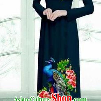 Traditional Top Grade Asian Vietnamese Costumes Classical Printing Peacock Cheongsam, Vietnam National Vietnamese Young Lady Navy Ao Dai Dress