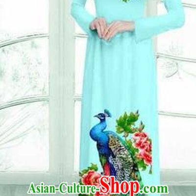 Traditional Top Grade Asian Vietnamese Costumes Classical Printing Peacock Cheongsam, Vietnam National Vietnamese Young Lady Light Blue Ao Dai Dress