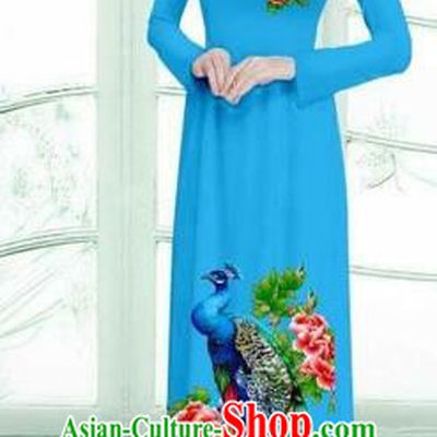 Traditional Top Grade Asian Vietnamese Costumes Classical Printing Peacock Cheongsam, Vietnam National Vietnamese Young Lady Blue Ao Dai Dress