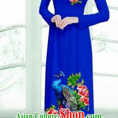 Traditional Top Grade Asian Vietnamese Costumes Classical Printing Peacock Cheongsam, Vietnam National Vietnamese Young Lady Royalblue Ao Dai Dress