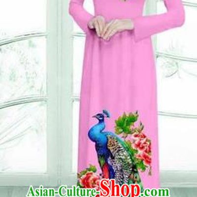Traditional Top Grade Asian Vietnamese Costumes Classical Printing Peacock Cheongsam, Vietnam National Vietnamese Young Lady Pink Ao Dai Dress