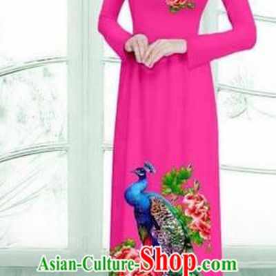 Traditional Top Grade Asian Vietnamese Costumes Classical Printing Peacock Cheongsam, Vietnam National Vietnamese Young Lady Rosy Ao Dai Dress