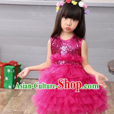 Top Grade Professional Performance Catwalks Costume, Children Chorus Full Dress Modern Dance Little Princess Rose Paillette Bubble Dress for Girls Kids