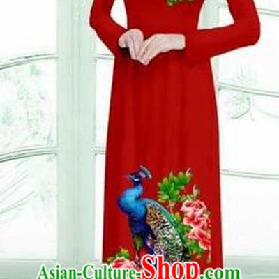 Traditional Top Grade Asian Vietnamese Costumes Classical Printing Peacock Cheongsam, Vietnam National Vietnamese Young Lady Purplish Red Ao Dai Dress