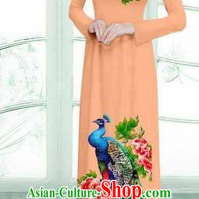 Traditional Top Grade Asian Vietnamese Costumes Classical Printing Peacock Cheongsam, Vietnam National Vietnamese Young Lady Orange Ao Dai Dress
