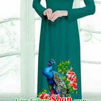 Traditional Top Grade Asian Vietnamese Costumes Classical Printing Peacock Cheongsam, Vietnam National Vietnamese Young Lady Green Ao Dai Dress