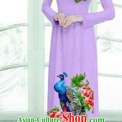 Traditional Top Grade Asian Vietnamese Costumes Classical Printing Peacock Cheongsam, Vietnam National Vietnamese Young Lady Lilac Ao Dai Dress