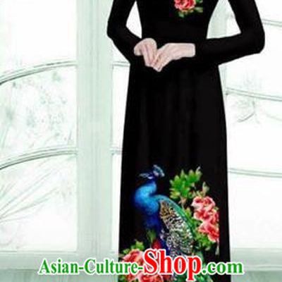 Traditional Top Grade Asian Vietnamese Costumes Classical Printing Peacock Cheongsam, Vietnam National Vietnamese Young Lady Black Ao Dai Dress
