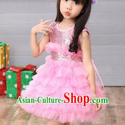 Top Grade Professional Performance Catwalks Costume, Children Chorus Full Dress Modern Dance Little Princess Pink Paillette Bubble Dress for Girls Kids