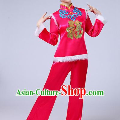 Traditional Chinese Classical Dance Yangge Fan Dancing Costume, Folk Dance Drum Dance Fur Uniforms Yangko Rose Clothing for Women